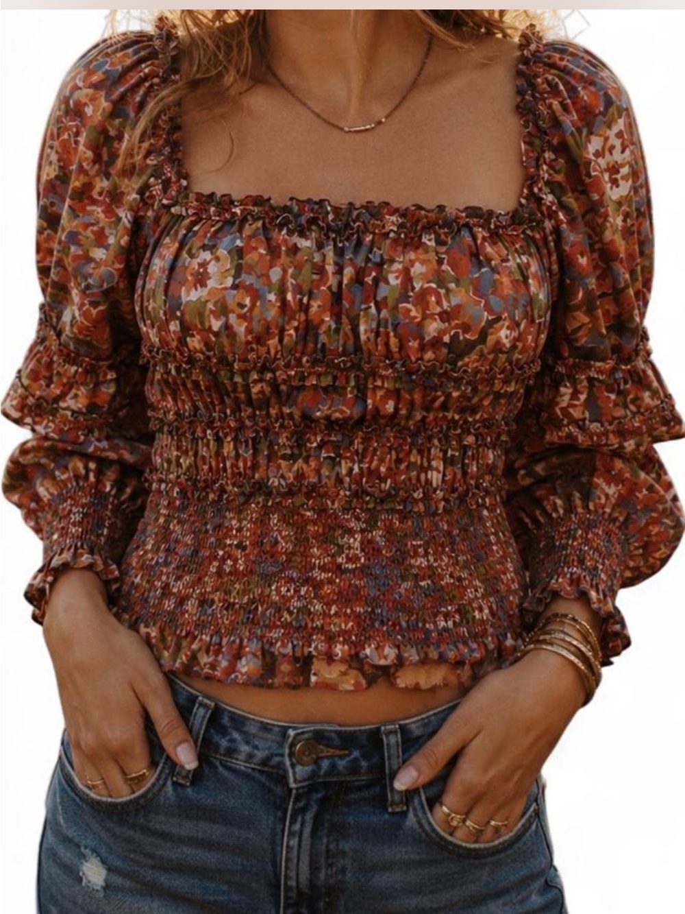 House of Harlow 1960 Charisma Smocked Puff Sleeve Floral Blouse Small